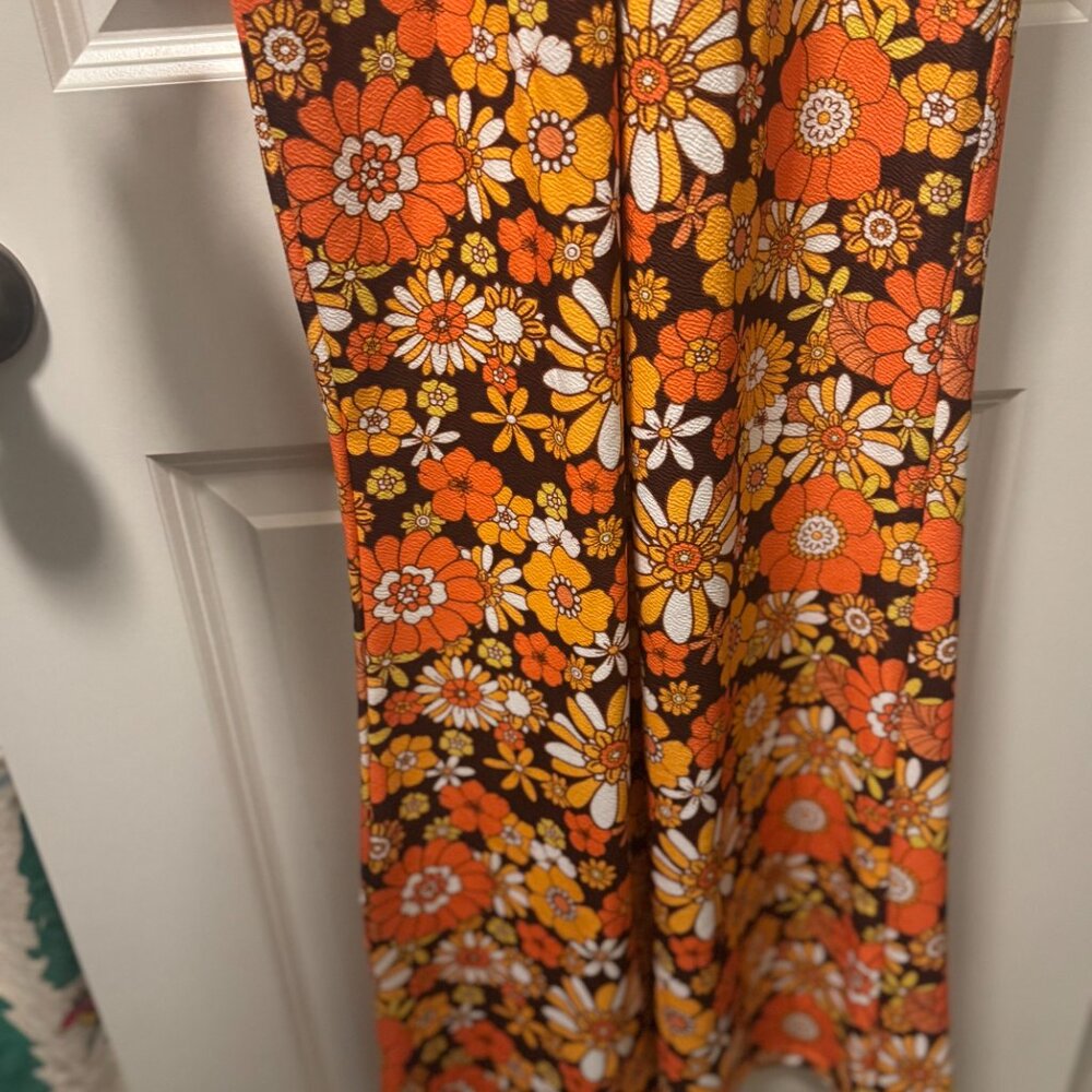 Retro 70s Floral Wide Leg Jumpsuit Orange Brown Boho Daisy Small - Picture 9 of 10